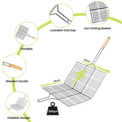 Royalford RF10374 Barbecue Grill Rack  | Heavy Duty E-Coated Iron BBQ Grilling Basket | Heat Resistant Wooden Handle for Chicken, Fish, Meat & Vegetables Outdoor Use