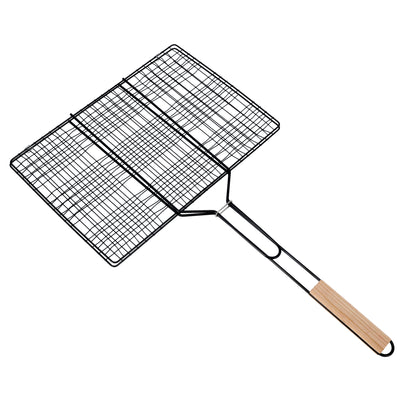 Royalford RF10374 Barbecue Grill Rack  | Heavy Duty E-Coated Iron BBQ Grilling Basket | Heat Resistant Wooden Handle for Chicken, Fish, Meat & Vegetables Outdoor Use