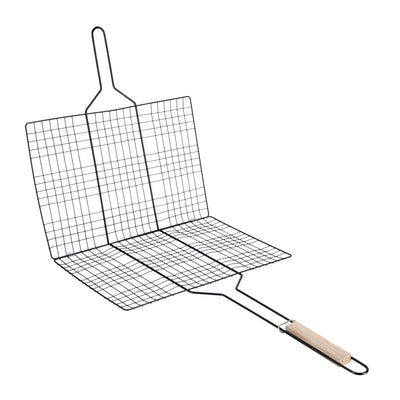 Royalford RF10374 Barbecue Grill Rack  | Heavy Duty E-Coated Iron BBQ Grilling Basket | Heat Resistant Wooden Handle for Chicken, Fish, Meat & Vegetables Outdoor Use