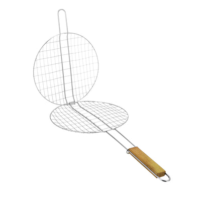 Royalford RF10375 BBQ Grill Round Chrome Plated Iron Grill | Wooden Handle | Multipurpose BBQ Grilling Basket for Chicken, Fish, Meat & Vegetables Outdoor Barbecue Tool