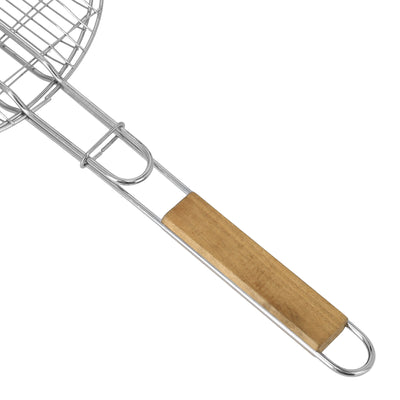 Royalford RF10375 BBQ Grill Round Chrome Plated Iron Grill | Wooden Handle | Multipurpose BBQ Grilling Basket for Chicken, Fish, Meat & Vegetables Outdoor Barbecue Tool