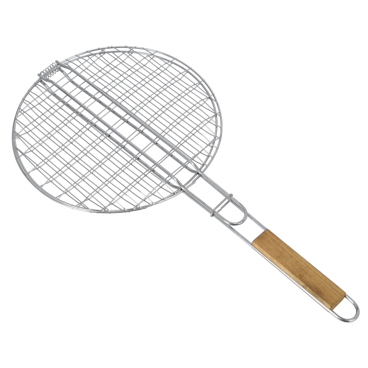 Royalford RF10375 BBQ Grill Round Chrome Plated Iron Grill | Wooden Handle | Multipurpose BBQ Grilling Basket for Chicken, Fish, Meat & Vegetables Outdoor Barbecue Tool