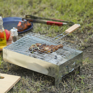 Royalford RF10377 BBQ Grill plated iron| wooden handle with chrome-plated rack| for grilling fish, meat & vegetables, ensures even heat, secure grip, easy to use|