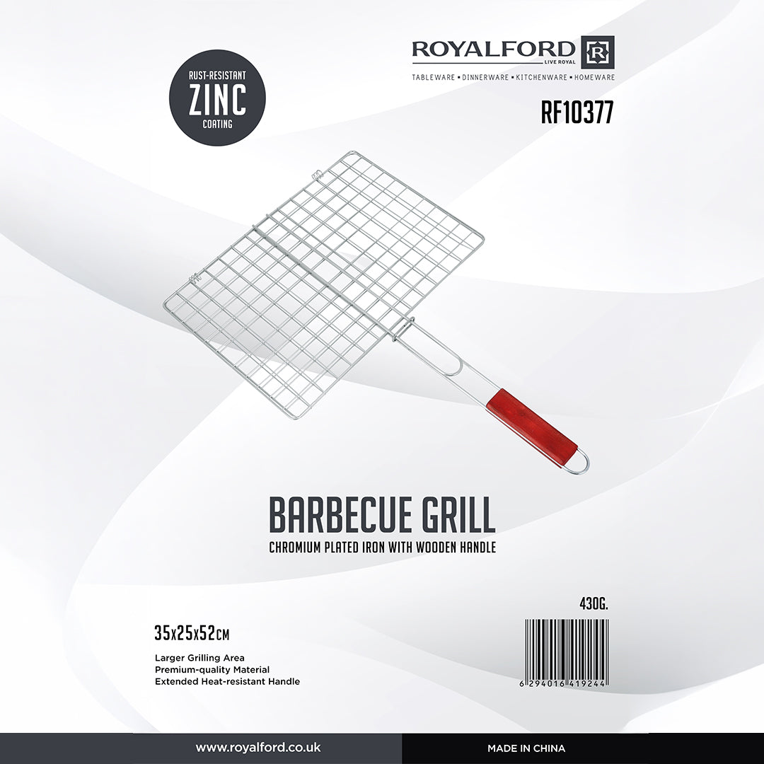 Royalford RF10377 BBQ Grill plated iron| wooden handle with chrome-plated rack| for grilling fish, meat & vegetables, ensures even heat, secure grip, easy to use|