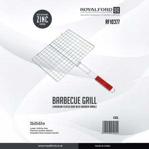 Royalford RF10377 BBQ Grill plated iron| wooden handle with chrome-plated rack| for grilling fish, meat & vegetables, ensures even heat, secure grip, easy to use|