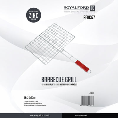 Royalford RF10377 BBQ Grill plated iron| wooden handle with chrome-plated rack| for grilling fish, meat & vegetables, ensures even heat, secure grip, easy to use|