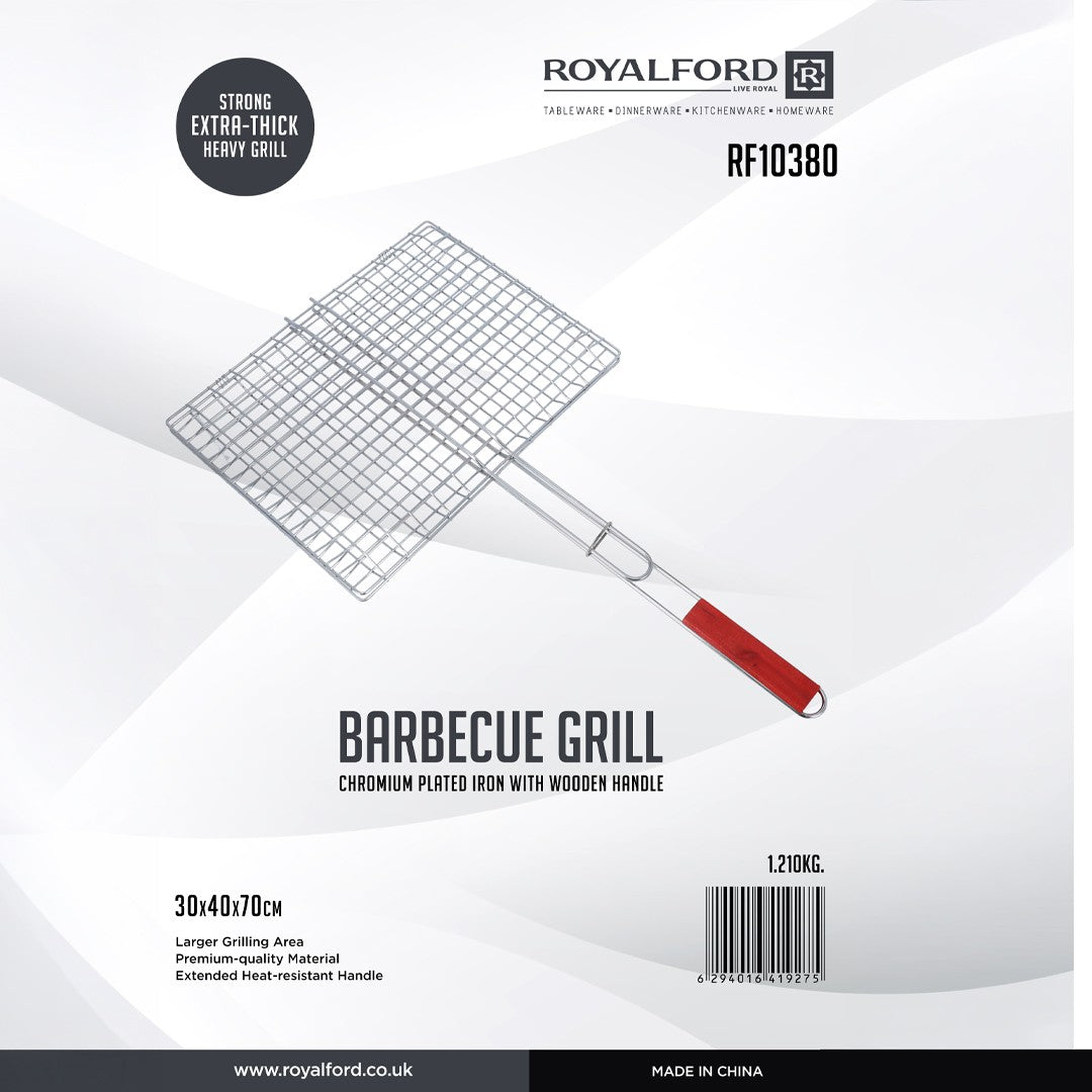 Royalford RF10380 Handheld BBQ Grill Basket | Extra-Thick Chromium-Plated Heavy Grill| Large  Cooking Area| Heat-Resistant Wooden Handle| Ideal for Fish,  Vegetables etc