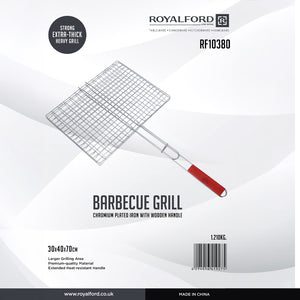 Royalford RF10380 Handheld BBQ Grill Basket | Extra-Thick Chromium-Plated Heavy Grill| Large  Cooking Area| Heat-Resistant Wooden Handle| Ideal for Fish,  Vegetables etc