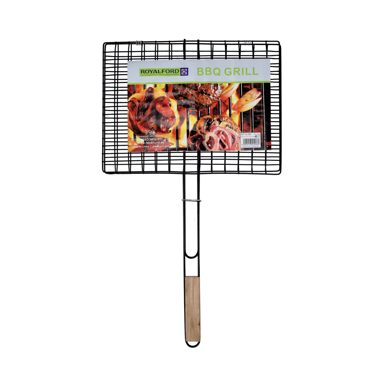Royalford RF10381 Barbecue Grill 30x40x70cm | Extra Thick Heavy Iron Grill Basket | Wooden Handle | Large Grilling Area | Perfect for Outdoor BBQ, Camping, Picnic Etc
