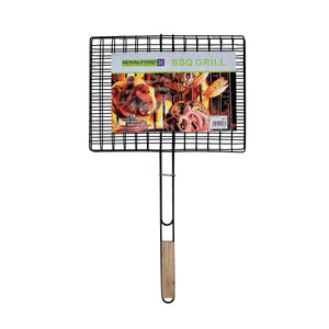 Royalford RF10381 Barbecue Grill 30x40x70cm | Extra Thick Heavy Iron Grill Basket | Wooden Handle | Large Grilling Area | Perfect for Outdoor BBQ, Camping, Picnic Etc
