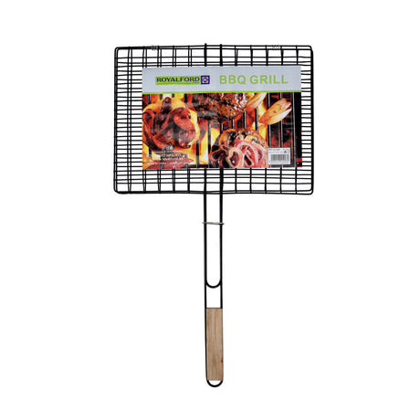 Royalford RF10381 Barbecue Grill 30x40x70cm | Extra Thick Heavy Iron Grill Basket | Wooden Handle | Large Grilling Area | Perfect for Outdoor BBQ, Camping, Picnic Etc