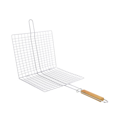 Royalford RF10382 BBQ Grill Chromium Plated Iron Rack| Wooden Handle | Heavy Duty Barbecue Grilling Basket | Perfect for Chicken, Fish, Meat & Vegetables, Outdoor Use