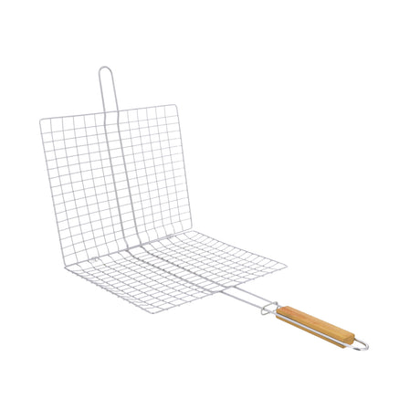 Royalford RF10382 BBQ Grill Chromium Plated Iron Rack| Wooden Handle | Heavy Duty Barbecue Grilling Basket | Perfect for Chicken, Fish, Meat & Vegetables, Outdoor Use