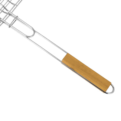 Royalford RF10382 BBQ Grill Chromium Plated Iron Rack| Wooden Handle | Heavy Duty Barbecue Grilling Basket | Perfect for Chicken, Fish, Meat & Vegetables, Outdoor Use