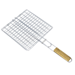 Royalford RF10383 BBQ Grill Chromium Plated Iron Rack | Wooden Handle| Heavy Duty Barbecue Grilling Basket for Chicken, Fish, Meat & Vegetables, Outdoor Camping Use