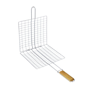 Royalford RF10383 BBQ Grill Chromium Plated Iron Rack | Wooden Handle| Heavy Duty Barbecue Grilling Basket for Chicken, Fish, Meat & Vegetables, Outdoor Camping Use