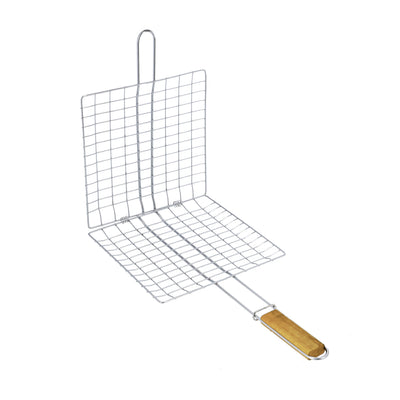 Royalford RF10383 BBQ Grill Chromium Plated Iron Rack | Wooden Handle| Heavy Duty Barbecue Grilling Basket for Chicken, Fish, Meat & Vegetables, Outdoor Camping Use