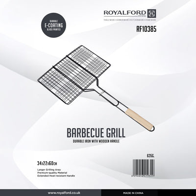 Royalford RF10385 Barbecue Grill Basket | Wooden Handle |Durable Iron BBQ Grill Rack | E-Coated Heavy Duty Grilling Basket | Perfect for Grilling Meat, Fish & Vegetables