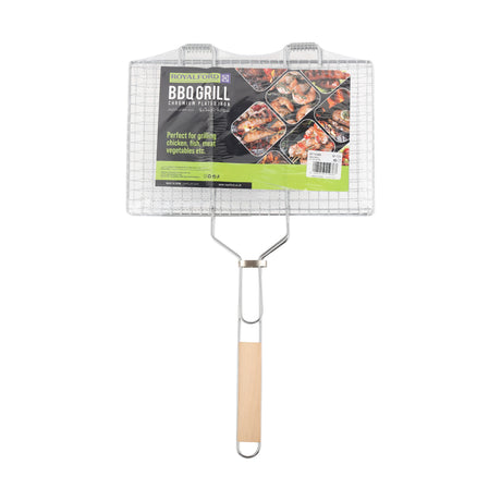Royalford RF10389 BBQ Grill Chromium Plated Iron Grill  | Wooden Handle | Heavy Duty Barbecue Mesh for Chicken, Fish, Meat, Vegetables & Outdoor Charcoal Grilling