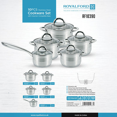 Royalford RF10390 10-Piece Stainless Steel Cookware Set with Glass Lids| Induction Compatible Encapsulated Base| Heavy-Duty Riveted Handles & Durable Satin Finish Design