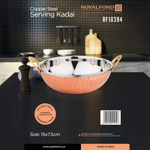 Royalford RF10394 Copper Steel Serving Kadai | Double Wall Hammered Copper Serveware |  Stainless Steel Inner | Elegant Tableware for Curries, Gravies & Dining Use