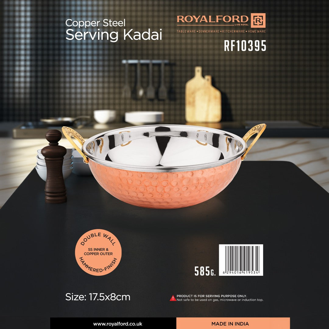 Royalford RF10395 Copper Steel Serving Kadai | Double Wall Design | Stainless Steel Inner| Hammered Copper Outer Finish| Elegant Serveware  for Curries & Festive Dining