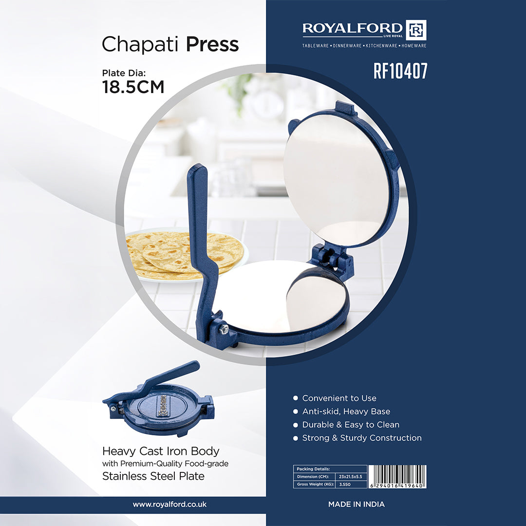 Royalford RF10407 Chapati Press | 18.5cm Heavy Cast Iron Body | Durable Stainless Steel Plate | Perfect for Roti, Poori & Tortilla | Easy Grip Handle | Non-Slip Base