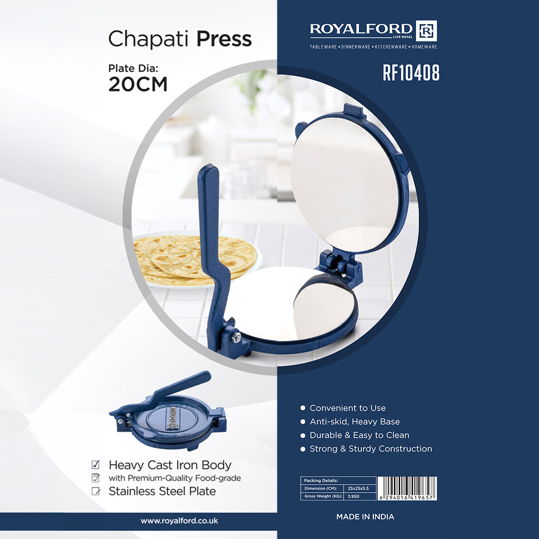 Royalford RF10408 Chapati Press | 20cm Heavy Cast Iron Body | Durable Stainless Steel Plate | Ideal for Making Roti, Poori & Tortilla | Easy Grip Handle & Non-Slip Base