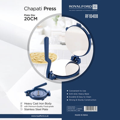 Royalford RF10408 Chapati Press | 20cm Heavy Cast Iron Body | Durable Stainless Steel Plate | Ideal for Making Roti, Poori & Tortilla | Easy Grip Handle & Non-Slip Base