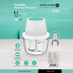 Royalford RF10411 Portable Mini Food Processor | Rechargeable USB Chopper | 250ml Capacity | One-Touch Operation| Extra-Sharp Swirl Blade for Fast Chopping & Grinding