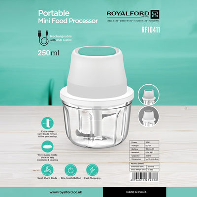 Royalford RF10411 Portable Mini Food Processor | Rechargeable USB Chopper | 250ml Capacity | One-Touch Operation| Extra-Sharp Swirl Blade for Fast Chopping & Grinding