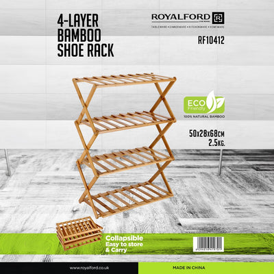Royalford RF10412 4-Layer Bamboo Shoe Rack | Eco-Friendly Natural Bamboo Stand | Collapsible Space-Saving Design| Lightweight| Stylish & Durable Home Storage Organizer