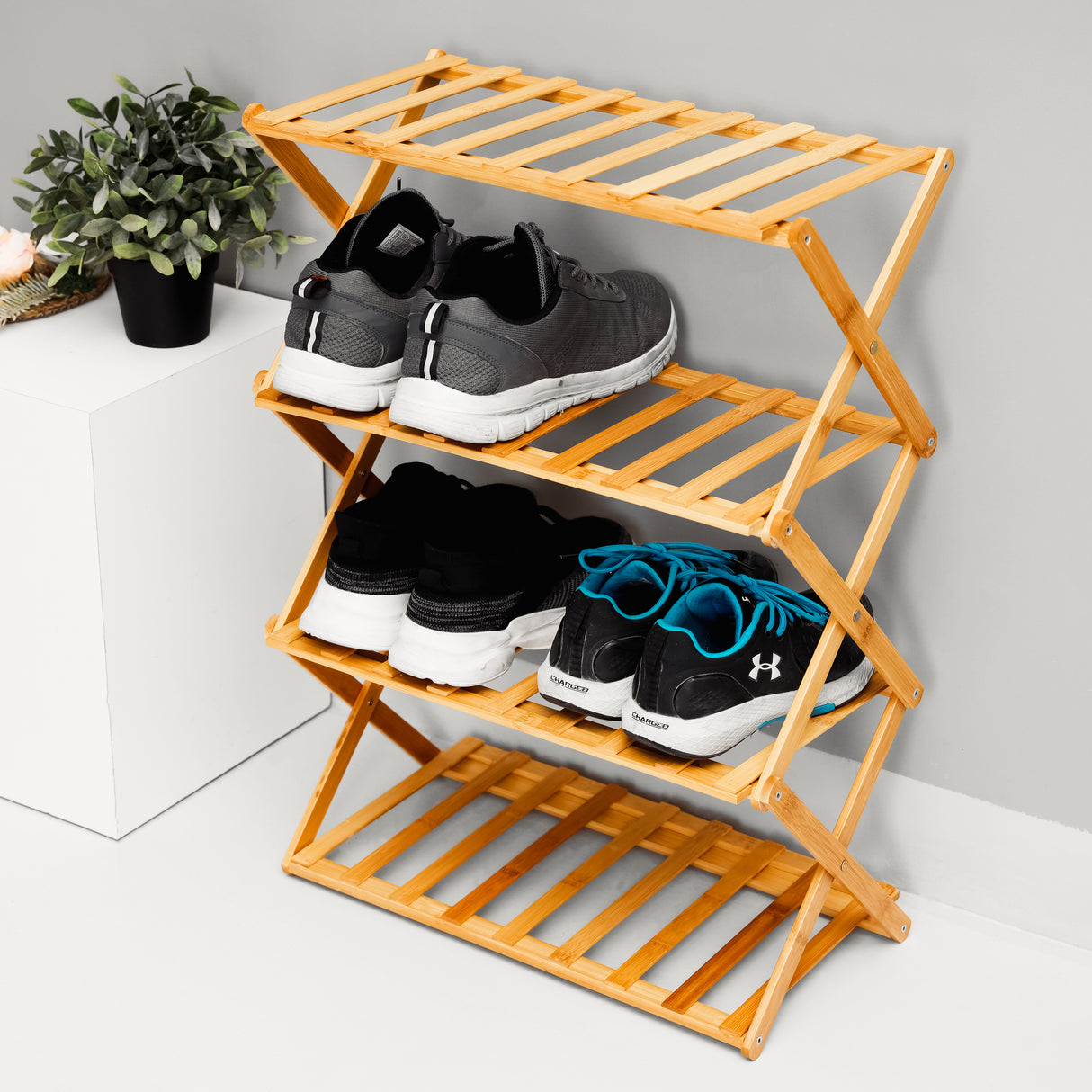Royalford RF10412 4-Layer Bamboo Shoe Rack | Eco-Friendly Natural Bamboo Stand | Collapsible Space-Saving Design| Lightweight| Stylish & Durable Home Storage Organizer