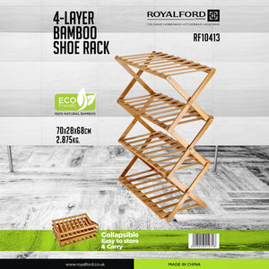 Royalford RF10413 4-Layer Bamboo Shoe Rack | Eco-Friendly 100% Natural Bamboo| Collapsible Foldable Design| Lightweight & Durable Shoe Organizer for Home Entryway Storage