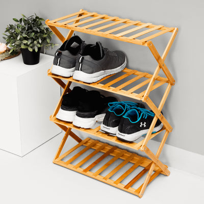 Royalford RF10413 4-Layer Bamboo Shoe Rack | Eco-Friendly 100% Natural Bamboo| Collapsible Foldable Design| Lightweight & Durable Shoe Organizer for Home Entryway Storage