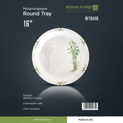 Royalford RF10416 16 Inch Melamine Round Serving Tray | Bamboo Design | Chip Resistant & Dishwasher Safe | Durable Food Serving Plate for Home  Dining & Restaurant Use