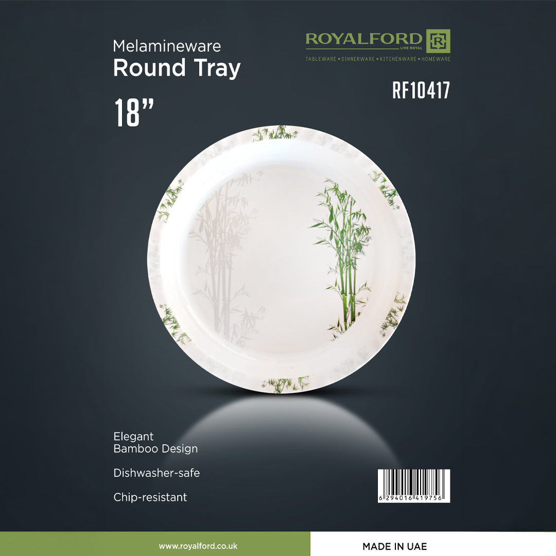 Royalford RF10417 18 Inch Melamine Round Tray |  Elegant Bamboo Design Chip-Resistant Dishwasher Safe Serving Tray | Perfect for Home, Restaurant & Catering Use