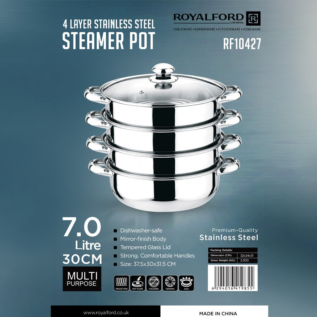 Royalford 4-Layer Stainless Steel Steamer Pot RF10427 |7L Multi-Purpose 30cm Steamer| Tempered Glass Lid| Mirror-Finish Body| Universal Hob Compatibility & Durable Steel
