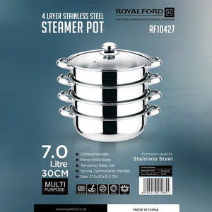 Royalford 4-Layer Stainless Steel Steamer Pot RF10427 |7L Multi-Purpose 30cm Steamer| Tempered Glass Lid| Mirror-Finish Body| Universal Hob Compatibility & Durable Steel