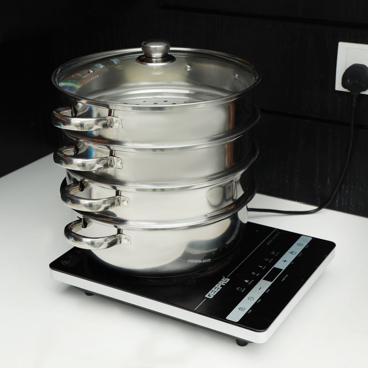 Royalford 4-Layer Stainless Steel Steamer Pot RF10427 |7L Multi-Purpose 30cm Steamer| Tempered Glass Lid| Mirror-Finish Body| Universal Hob Compatibility & Durable Steel