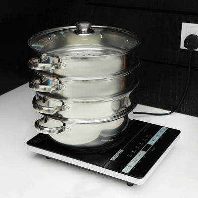 Royalford 4-Layer Stainless Steel Steamer Pot RF10427 |7L Multi-Purpose 30cm Steamer| Tempered Glass Lid| Mirror-Finish Body| Universal Hob Compatibility & Durable Steel