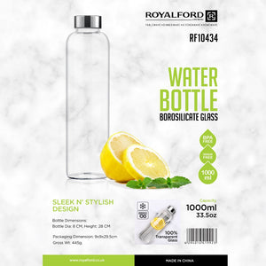 Royalford RF10434 Borosilicate Glass Water Bottle 1000ML BPA Free Transparent Drinking Bottle | Stainless Steel Lid |Reusable Glass Bottle for Water, Juice & Detox Drinks