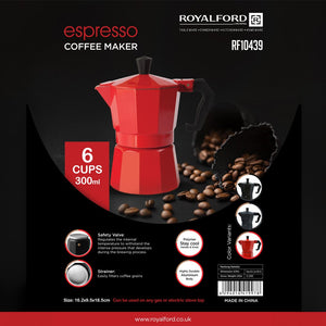 Royalford RF10439 Espresso Coffee Maker | 6 Cups (300ml) Aluminium Moka Pot with Safety Valve |  Durable Body & Heat-Resistant Handle for Gas & Electric Stovetops