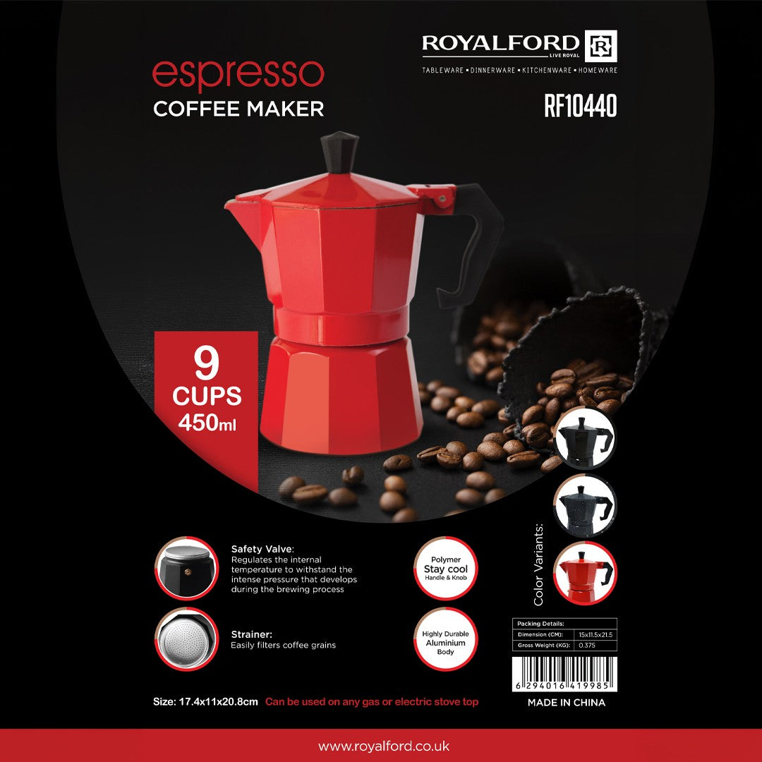 Royalford RF10440 Espresso Coffee Maker | 450ML Aluminium Moka Pot | Safety Valve | Built-In Strainer Filter | 9-Cup Capacity & Heat-Resistant Stay-Cool Polymer Handle