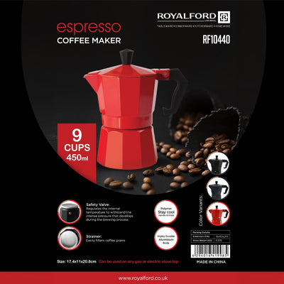 Royalford RF10440 Espresso Coffee Maker | 450ML Aluminium Moka Pot | Safety Valve | Built-In Strainer Filter | 9-Cup Capacity & Heat-Resistant Stay-Cool Polymer Handle