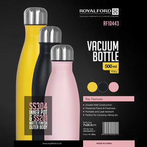 Royalford RF10443 500ml Vacuum Bottle | SS304 Double Wall Stainless Steel Insulated Flask| Matte Finish | Leak Resistant | Keeps Hot & Cold for Hours | Travel Friendly