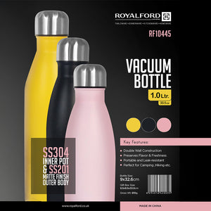 Royalford RF10445 1.0L Vacuum Bottle | SS304 Stainless Steel Inner | SS201 Matte Finish Outer Body| Double Wall Insulated | Leak-Resistant  Bottle for Hot & Cold Drinks