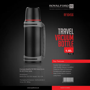 Royalford RF10456 Travel Vacuum Bottle | 1.40L Stainless Steel Double Wall Insulated Hot & Cold Flask | Carry Handle | Leak Resistant Design for Travel and Daily Use