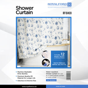 Royalford RF10459 Shower Curtain | 180x180cm with 12 Plastic Hooks | Water-Repellent PE Bathroom Curtain| Machine Washable | Quick Dry| Odourless & Chlorine-Free Design