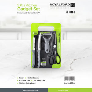 Royalford RF10463 5 Pcs Kitchen Gadget Set | Premium Stainless Steel Kitchen Tools |Peeler, Steak Knife, Paring Knife, Scissors & Chopping Board |Daily Use Cooking Tools